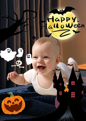 LittleCam Happy Halloween baby photo template with bats, ghosts, and pumpkins