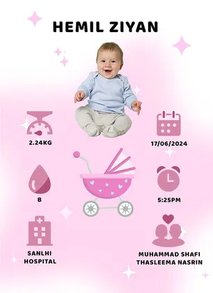 Pink baby birth announcement template with photo and birth details