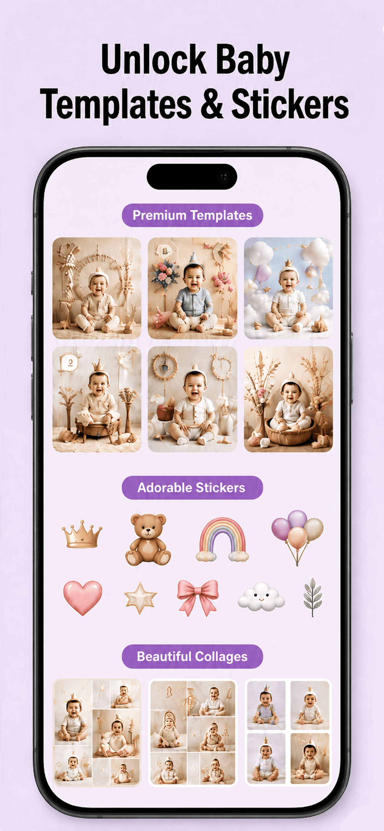 Unlock baby templates, stickers, and collages in LittleCam