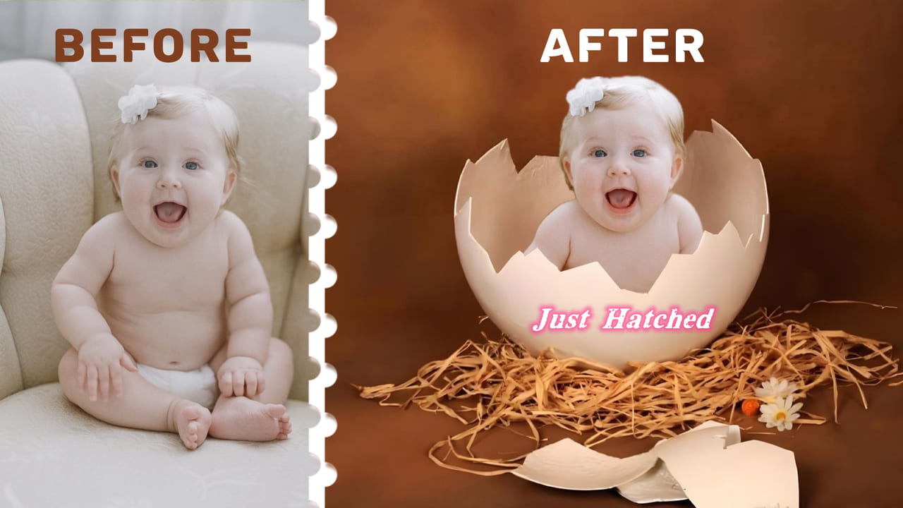 Before-and-after baby photo background change: the same baby in an everyday photo and an egg-themed scene