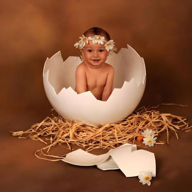 LittleCam baby portrait in an eggshell spring scene
