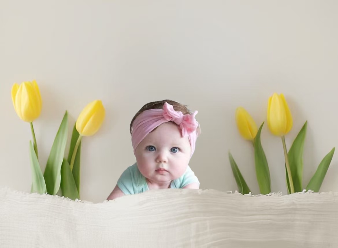 AI baby monthly photo editor example with a soft milestone background