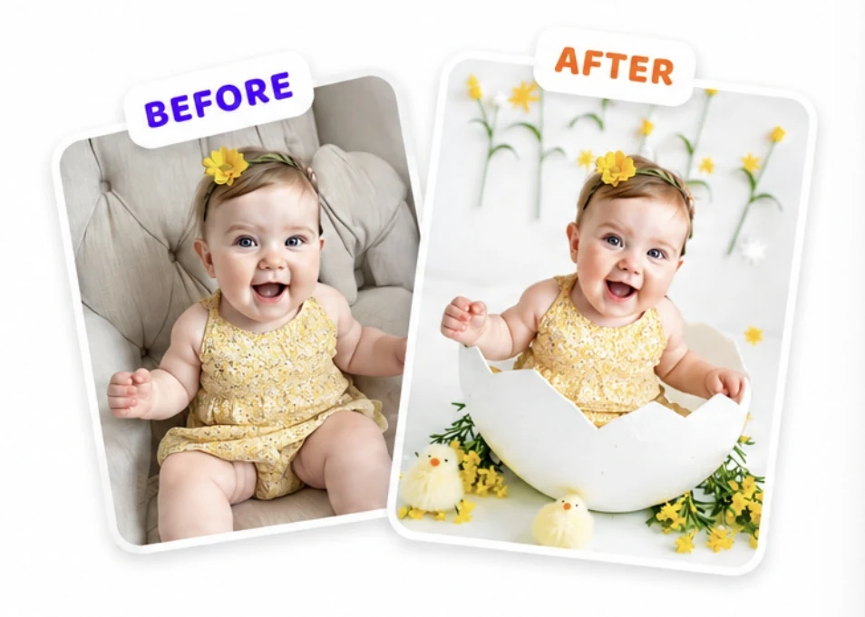 Before and after: baby photo background changed to a studio-style scene